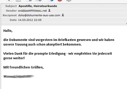 die Unterlagen sind letzten Donnerstag angekommen. Heute hatten wir einen Termin beim Standesamt. Die deutsche Beurkundung und Namensgebung war dank der vollständigen Unterlagen unkompliziert.